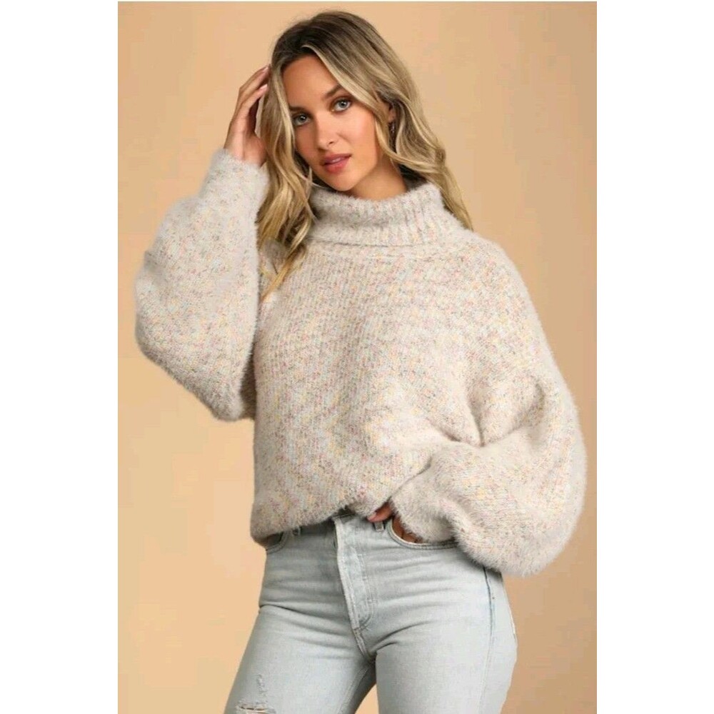 Lulus Get Creative Cream Pastel Confetti Oversized Turtleneck Sweater Size Large